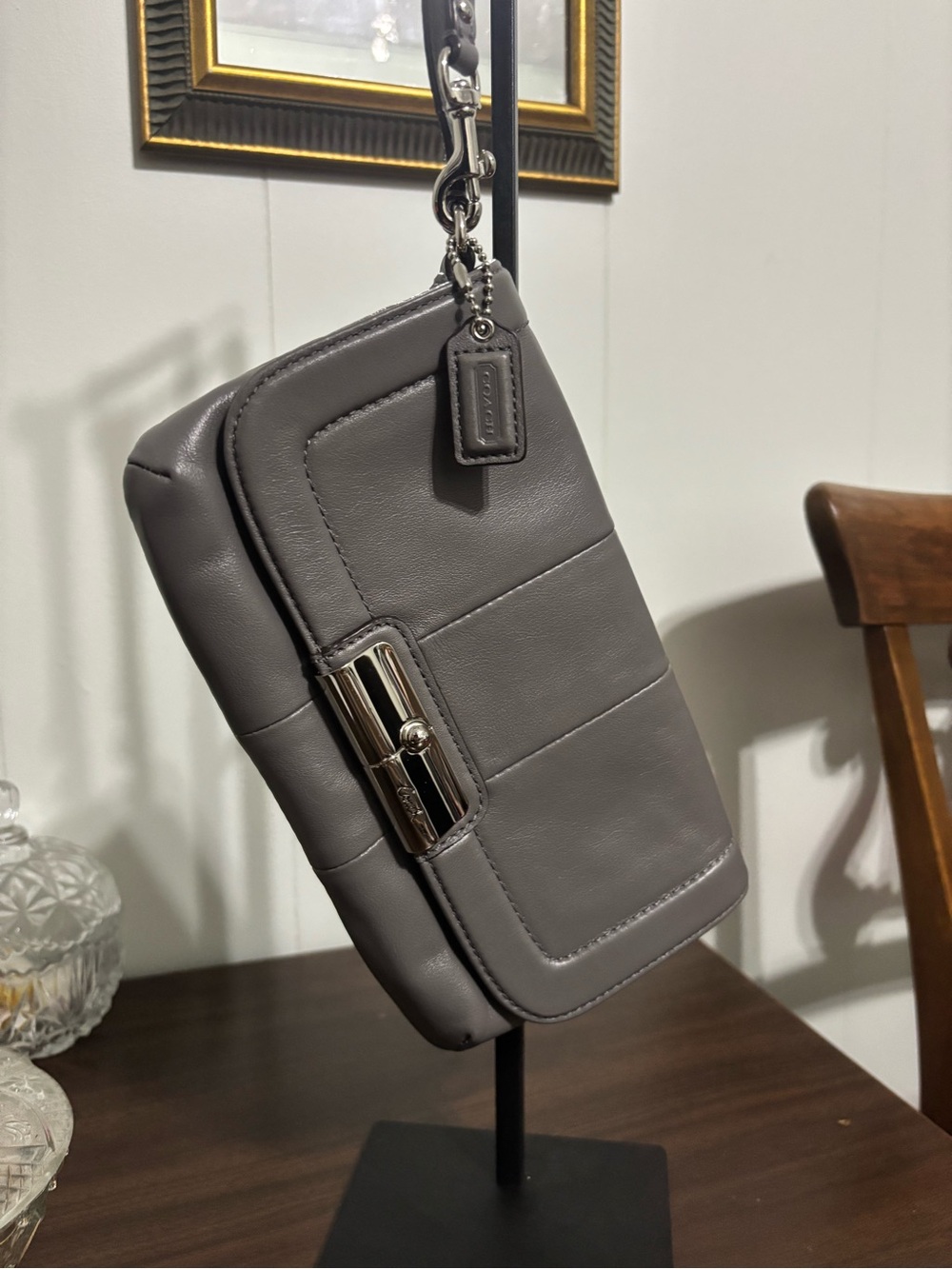 Coach Gray Leather Wristlet with Silver Hardware NWOT